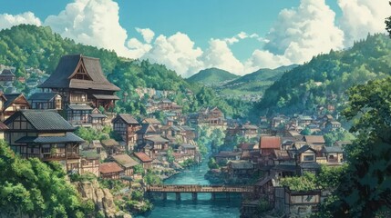 Wall Mural - A Japanese village nestled in a lush green valley with a wooden bridge spanning a river