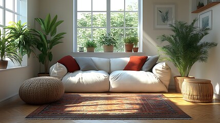 Poster - Bright and cozy living room interior with white couch and houseplants