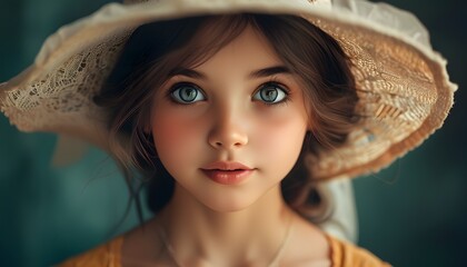 Wall Mural - Innocent young girl with sparkling eyes and delicate hat radiating pure joy, captured through precise AI artistry.