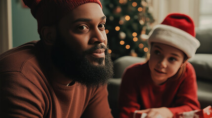 Wall Mural - african american dad  with little white girl are opening the christmas presents in decorated living room with x'mas tree and gifts boxes