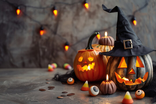 halloween background. Candle lit carwed pumpkin with with hat and oder decor. Children trick or treat theme. High quality photo