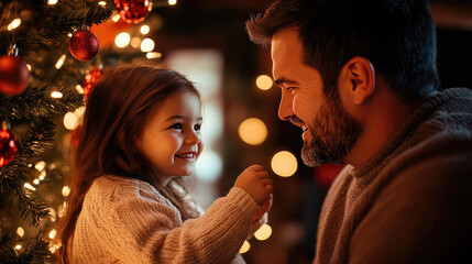 Wall Mural - the little girl with her dad are enjoying the x'mas decoration in the living room 