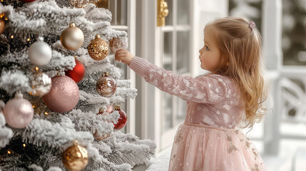 pink dressed little girl is decorating the x'mas tree outside on the porch in front of her home 