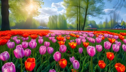 Vibrant tulips illuminate the lush grass under a sunny spring sky, showcasing the enchanting beauty and freshness of the season.