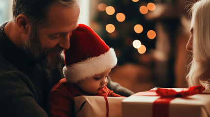 Wall Mural - young parents with little baby  are opening the christmas presents in decorated living room with x'mas tree and gifts boxes 