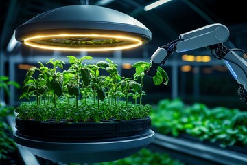 Poster - Futuristic greenhouse with glowing LED lights, growing crops vertically in towering structures, with robotic arms tending to the plants in a sleek, high-tech environment