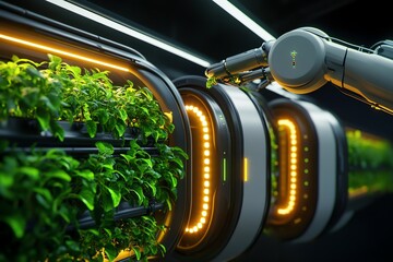 Poster - Futuristic greenhouse with glowing LED lights, growing crops vertically in towering structures, with robotic arms tending to the plants in a sleek, high-tech environment