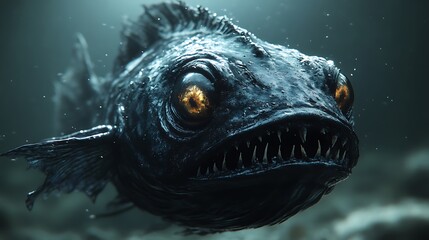 A close-up of a monstrous fish with sharp teeth, large eyes, and a dark, scaly body.