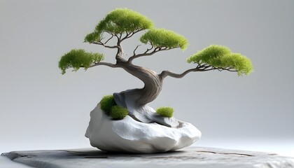 Wall Mural - Tranquil 3D illustration of a miniature clay bonsai tree on white, showcasing beauty and serenity through innovative AI generative art