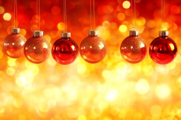 Sticker - Row of glowing orange Christmas ornaments in warm bokeh lighting capturing festive holiday ambiance with vivid colors and bright decoration