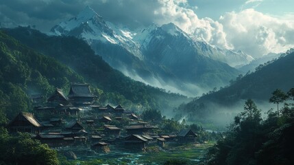 Wall Mural - A Misty Mountain Village Nestled Among Lush Greenery