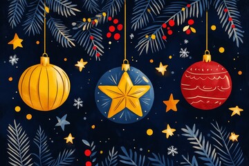 Sticker - Colorful Christmas ornaments hanging from pine branches on a dark background emphasizing the festive holiday spirit with vibrant decorations and joyful seasonal elements