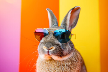 Wall Mural - Rabbit wearing sunglasses and standing in front of a colorful wall. The rabbit's sunglasses give it a cool and stylish appearance, while the colorful wall adds a vibrant