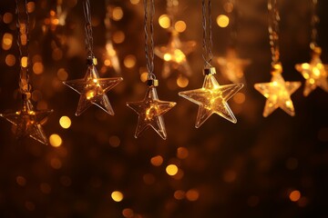 Glowing golden Christmas stars hanging from a string set against a bokeh backdrop emphasizing the sparkle and festive charm of holiday decor with a warm seasonal glow