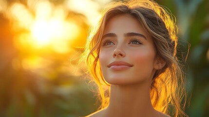 Wall Mural - Beautiful Woman with Golden Light Hair Looking Up at Sunset