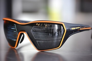 Aufkleber - Futuristic sunglasses with augmented reality lenses, displaying holographic data overlays on a sleek, modern frame, designed for high-tech fashion