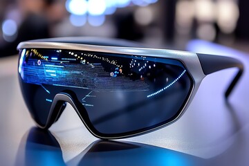 Aufkleber - Futuristic sunglasses with augmented reality lenses, displaying holographic data overlays on a sleek, modern frame, designed for high-tech fashion