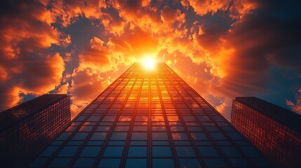 Canvas Print - Sunrise over skyscrapers with dramatic clouds