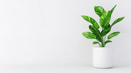 A variegated Snake plant in a modern white pot on solid white background, single object