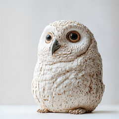 Baby owlet with plumage feathers and big eyes, ceramic clay sculpted ornament for interior decoration stands isolated in front of a light grey background.	