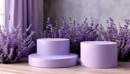 Wall Mural - Serene 3D lavender space featuring three empty cylindrical podiums with a rich purple hue