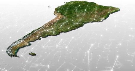 Leinwandbilder - Map, network and South America with grid lines for international or global communication. Future, hologram and worldwide with data, internet or traffic on continent for cloud computing or satellite