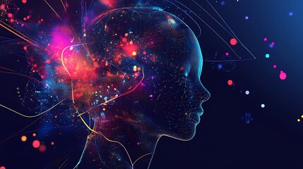 Poster - Abstract digital art of a human head with colorful light streaks and particles.
