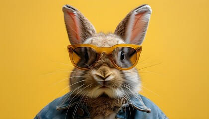 Wall Mural - Cool bunny sporting stylish sunglasses against a vibrant yellow backdrop