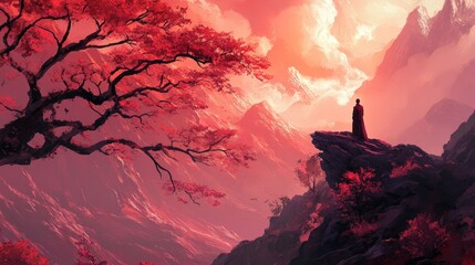 Wall Mural - Solitary Figure Gazing Over Red Mountains and a Tree with Crimson Leaves