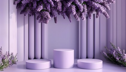 Wall Mural - Serene 3D lavender space featuring three empty cylindrical podiums with a rich purple hue