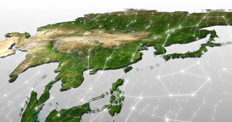 Leinwandbilder - Asia, map and networking with grid lines for international or global communication. Future, hologram and world with data, traffic or web on continent for cloud computing or satellite connection