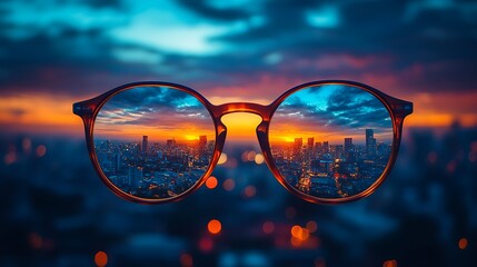 Poster - Sunset city skyline reflected in eyeglasses lens with bokeh effect