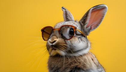 Wall Mural - Cool bunny sporting stylish sunglasses against a vibrant yellow backdrop