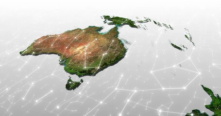 Wall Mural - Australia, map and network with grid for international or global communication. Future, hologram and world with blockchain data or traffic on continent for cloud computing or satellite interface