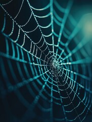 Close-up of a spider web covered in dewdrops, highlighted against a dark, blurred background.