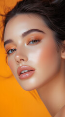 model brunette woman looking at camera makeup dramatic eyeshadow orange background lipstick makeup brand marketing social media post