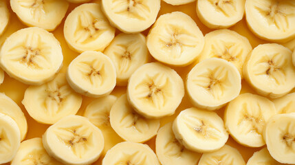 Wall Mural - a close-up, top-down view of sliced bananas spread across the entire frame, filling the image with their creamy yellow color and smooth texture in circular slices