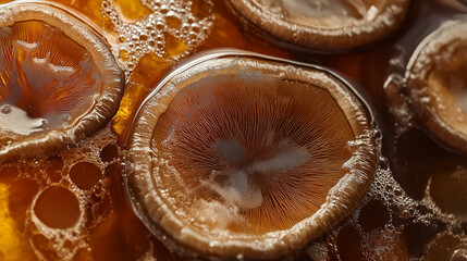 Wall Mural - a close-up, top-down view of reishi mushrooms soaking in tea, with the frame filled by their dark, softening forms as they float in an amber-colored liquid