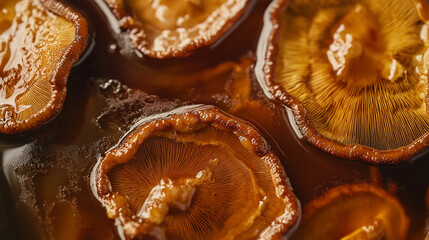 Wall Mural - a close-up, top-down view of reishi mushrooms soaking in tea, with the frame filled by their dark, softening forms as they float in an amber-colored liquid