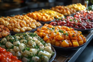 Variety of culinary delights. Teasty food in a salad bar at a restaurant. Selective focus