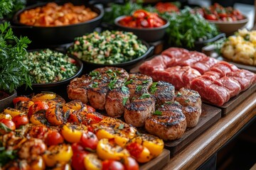 Variety of culinary delights. Teasty food in a salad bar at a restaurant. Selective focus