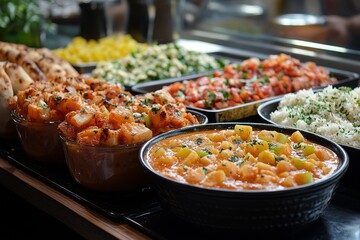 Variety of culinary delights. Teasty food in a salad bar at a restaurant. Selective focus