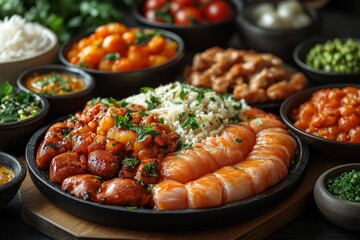 Variety of culinary delights. Teasty food in a salad bar at a restaurant. Selective focus