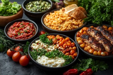 Variety of culinary delights. Teasty food in a salad bar at a restaurant. Selective focus