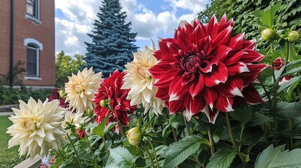 A stunning display of large red and cream-colored dahlia flowers in full bloom, featuring intricate bell-shaped blooms with deep notches at their ends. The lush foliage in the pot complements 