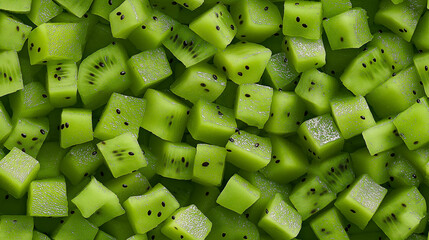 Wall Mural - a close-up, top-down view of diced kiwi spread across the entire frame, filling the image with their vibrant green color and speckled texture in uniform cubes