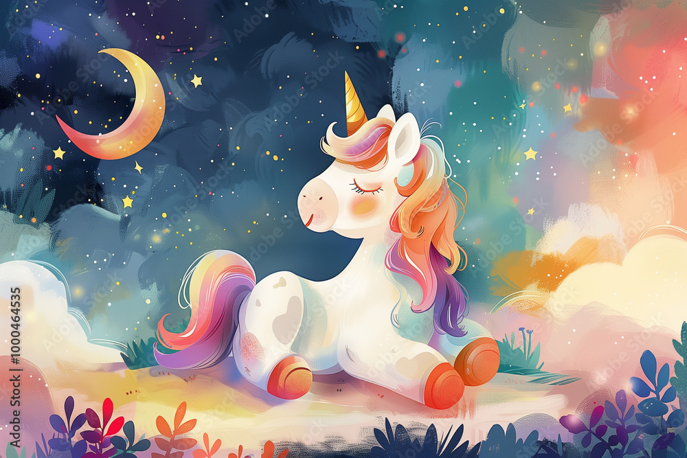 Cartoon unicorn sleeping on cloud in star sky. Stock Illustration ...