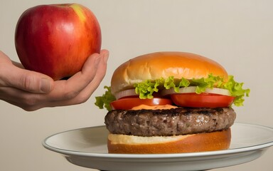 A photo of a hand holding an apple fruit and a hamburger. The apple is fresh and organic, with a vibrant red hue.