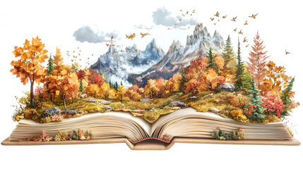 Enchanting open book with a detailed pop-up autumn landscape isolated on white background, symbolizing the magic of storytelling