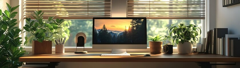 A serene workspace featuring a modern computer setup, natural light, and lush plants, perfect for creativity and productivity.